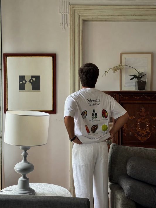 Back view of the white Sibaritas Tennis Club tee